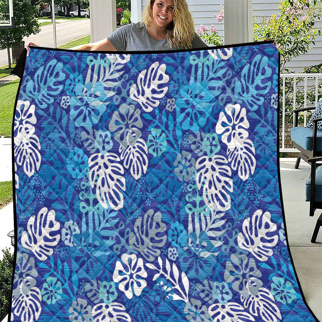 Blue Aloha Hawaiian Quilt Monstera Hibiscus Tropical Pattern