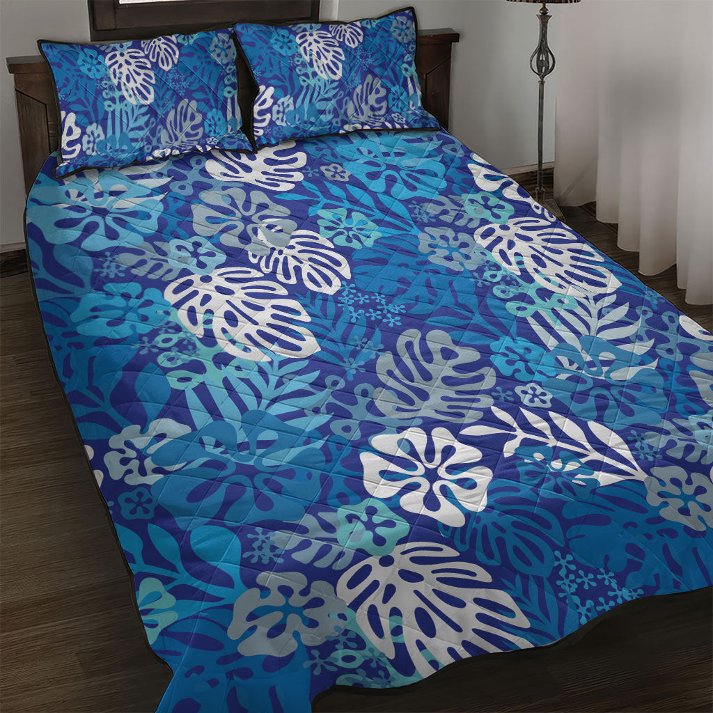 Blue Aloha Hawaiian Quilt Bed Set Monstera Hibiscus Tropical Pattern