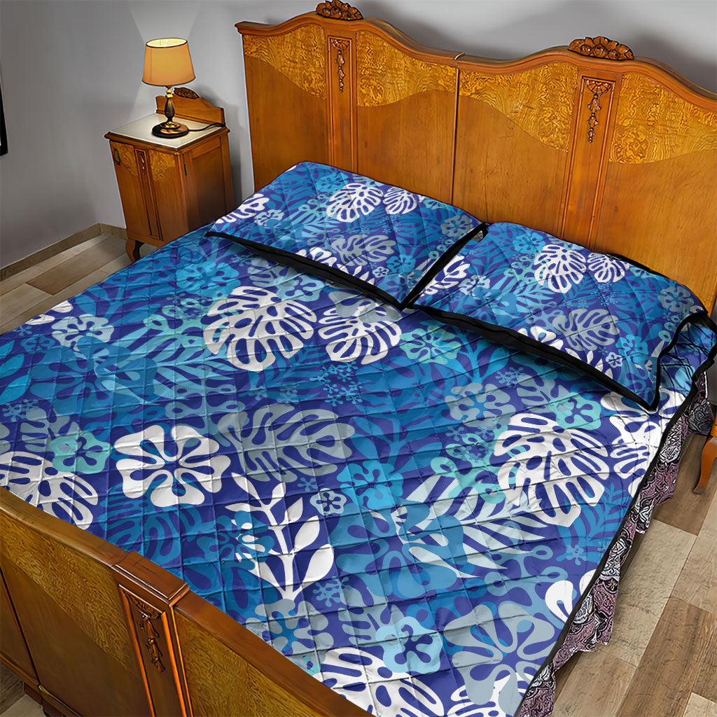 Blue Aloha Hawaiian Quilt Bed Set Monstera Hibiscus Tropical Pattern