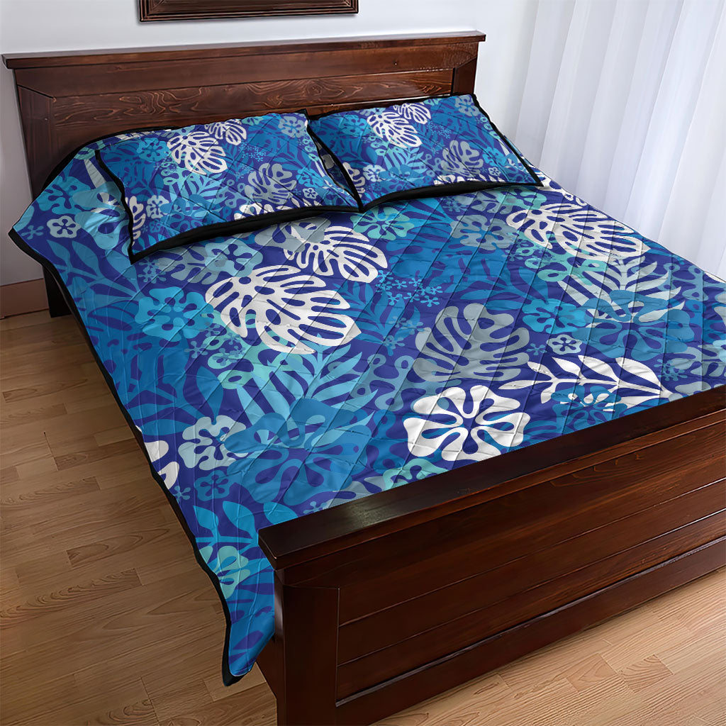 Blue Aloha Hawaiian Quilt Bed Set Monstera Hibiscus Tropical Pattern