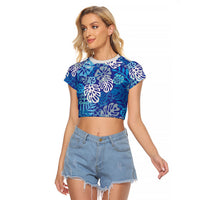 Blue Aloha Hawaiian Raglan Cropped T Shirt Monstera Hibiscus Tropical Pattern