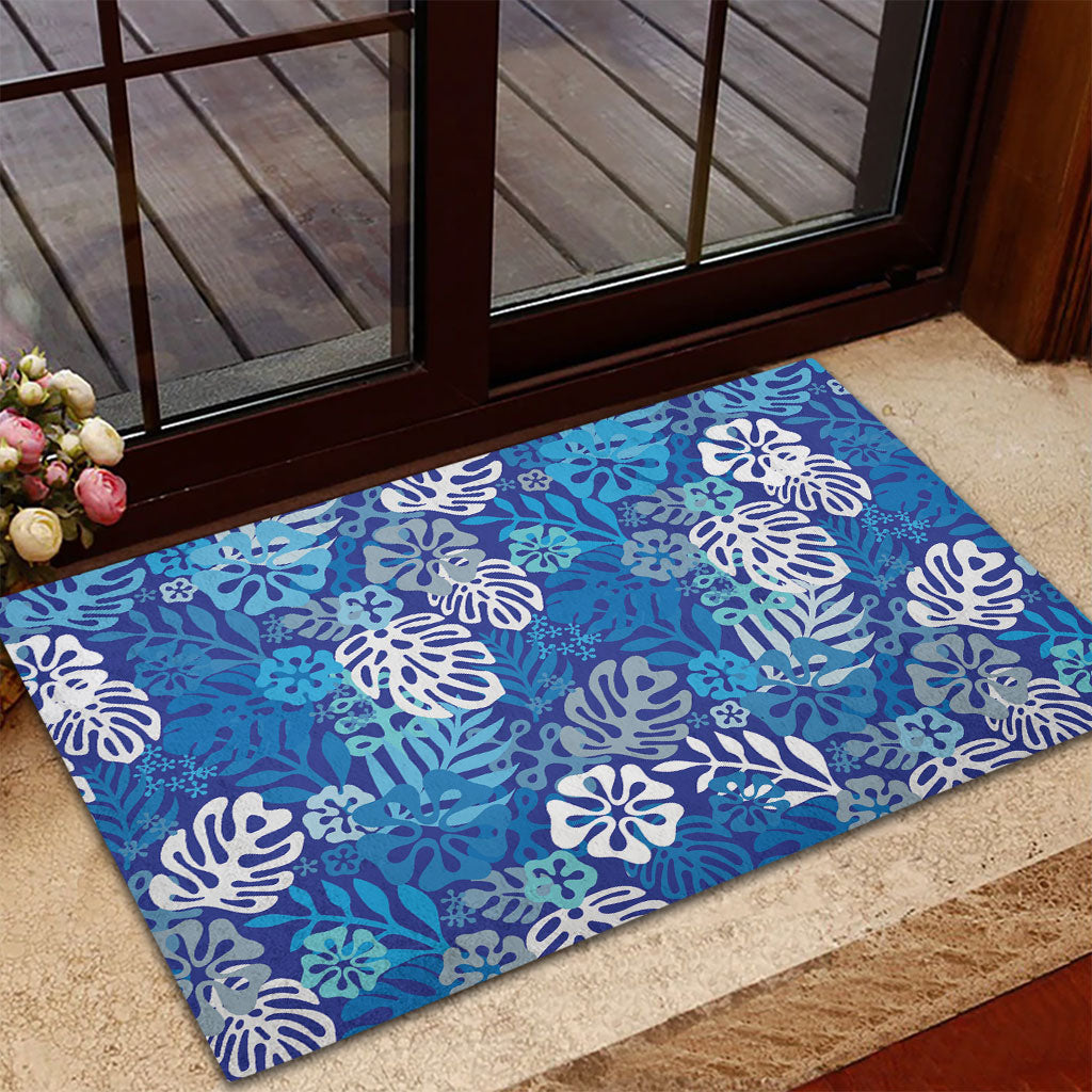 Blue Aloha Hawaiian Rubber Doormat Monstera Hibiscus Tropical Pattern