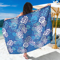 Blue Aloha Hawaiian Sarong Monstera Hibiscus Tropical Pattern
