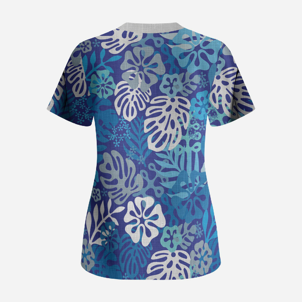 Blue Aloha Hawaiian Scrub Top Monstera Hibiscus Tropical Pattern