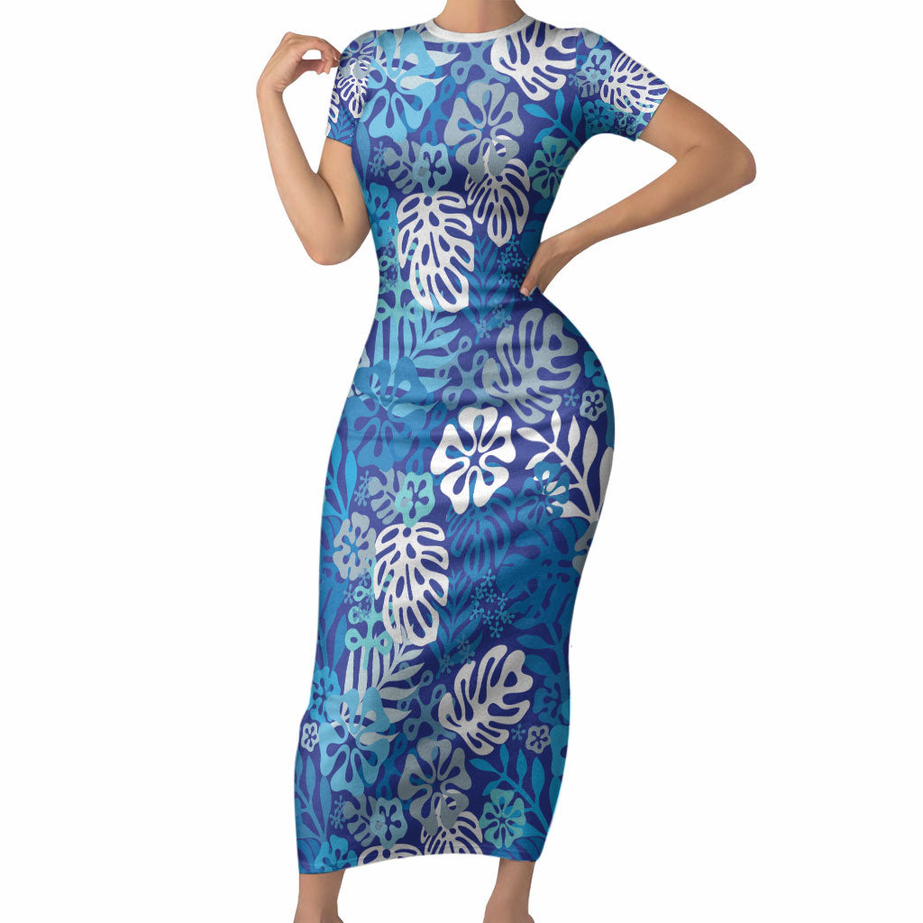 Blue Aloha Hawaiian Short Sleeve Bodycon Dress Monstera Hibiscus Tropical Pattern