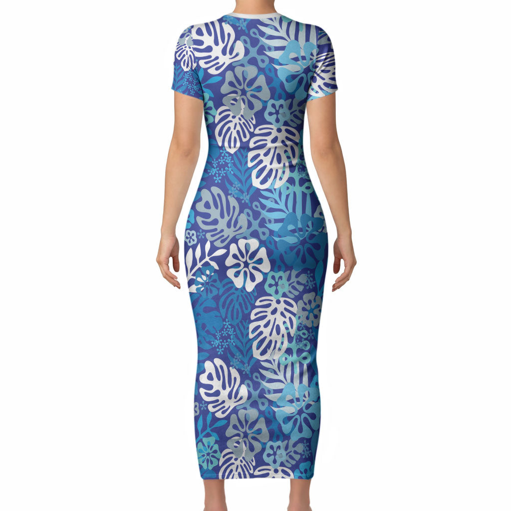 Blue Aloha Hawaiian Short Sleeve Bodycon Dress Monstera Hibiscus Tropical Pattern