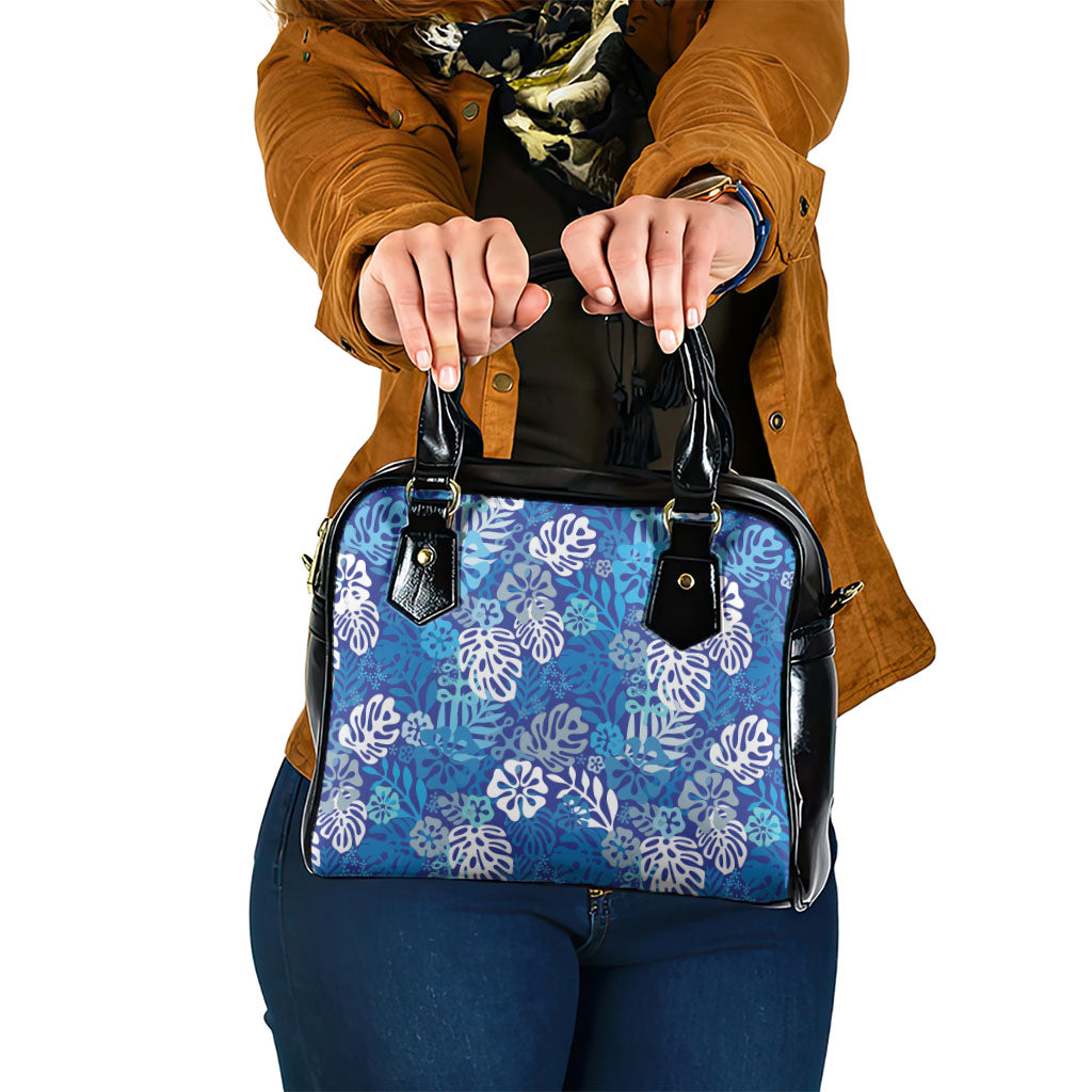 Blue Aloha Hawaiian Shoulder Handbag Monstera Hibiscus Tropical Pattern