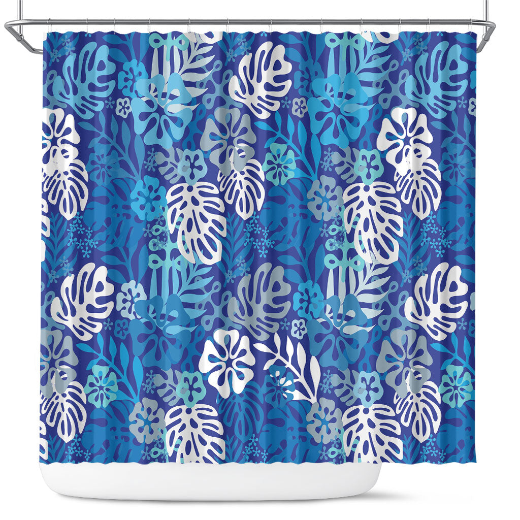 Blue Aloha Hawaiian Shower Curtain Monstera Hibiscus Tropical Pattern