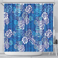 Blue Aloha Hawaiian Shower Curtain Monstera Hibiscus Tropical Pattern