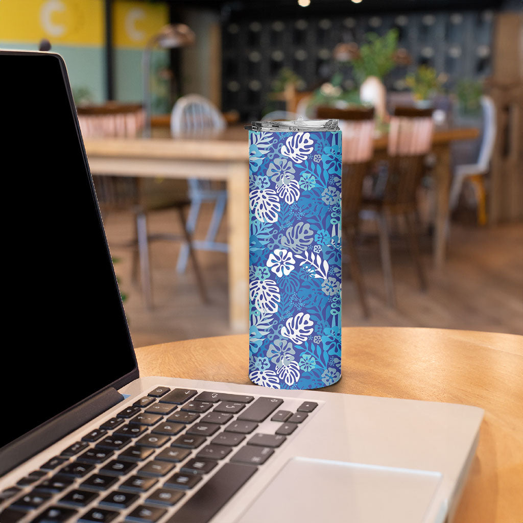 Blue Aloha Hawaiian Skinny Tumbler Monstera Hibiscus Tropical Pattern