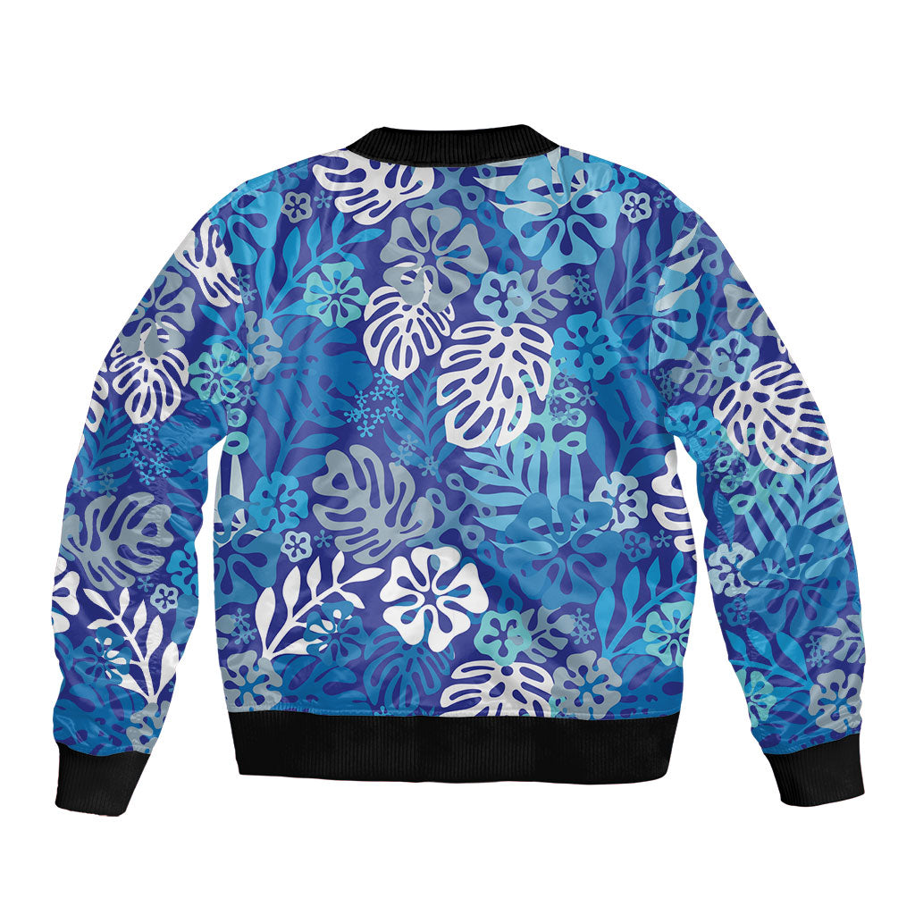 Blue Aloha Hawaiian Sleeve Zip Bomber Jacket Monstera Hibiscus Tropical Pattern