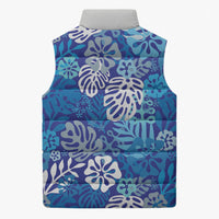 Blue Aloha Hawaiian Sleeveless Puffer Jacket Monstera Hibiscus Tropical Pattern