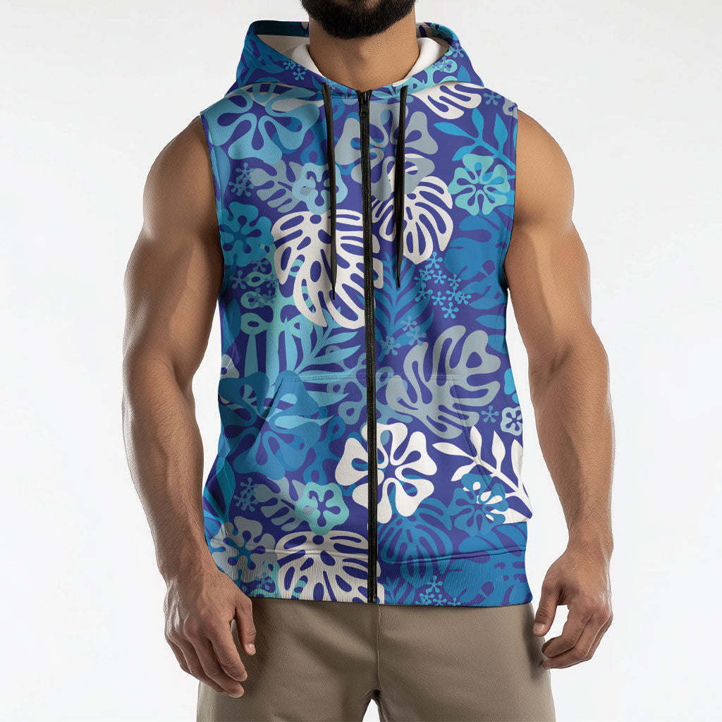Blue Aloha Hawaiian Sleeveless Zip Hoodie Monstera Hibiscus Tropical Pattern