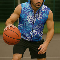 Blue Aloha Hawaiian Sleeveless Zip Hoodie Monstera Hibiscus Tropical Pattern
