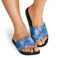 Blue Aloha Hawaiian Slide Sandals Monstera Hibiscus Tropical Pattern