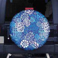 Blue Aloha Hawaiian Spare Tire Cover Monstera Hibiscus Tropical Pattern