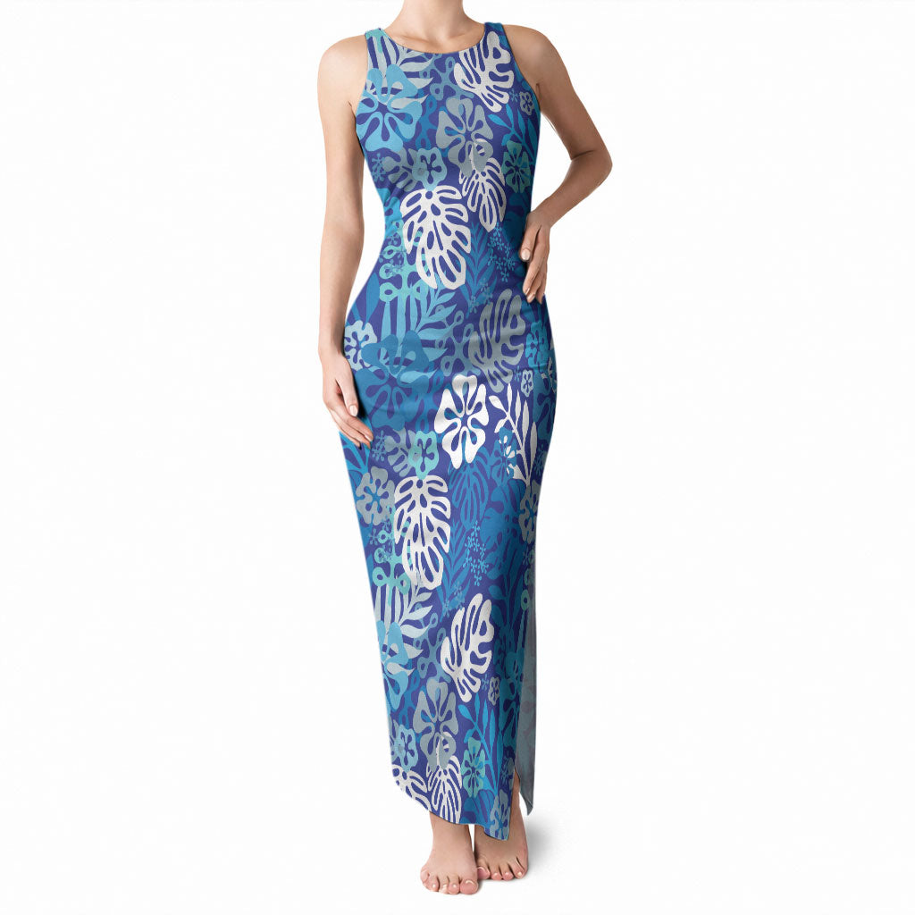 Blue Aloha Hawaiian Tank Maxi Dress Monstera Hibiscus Tropical Pattern