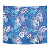 Blue Aloha Hawaiian Tapestry Monstera Hibiscus Tropical Pattern