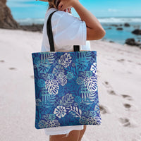 Blue Aloha Hawaiian Tote Bag Monstera Hibiscus Tropical Pattern