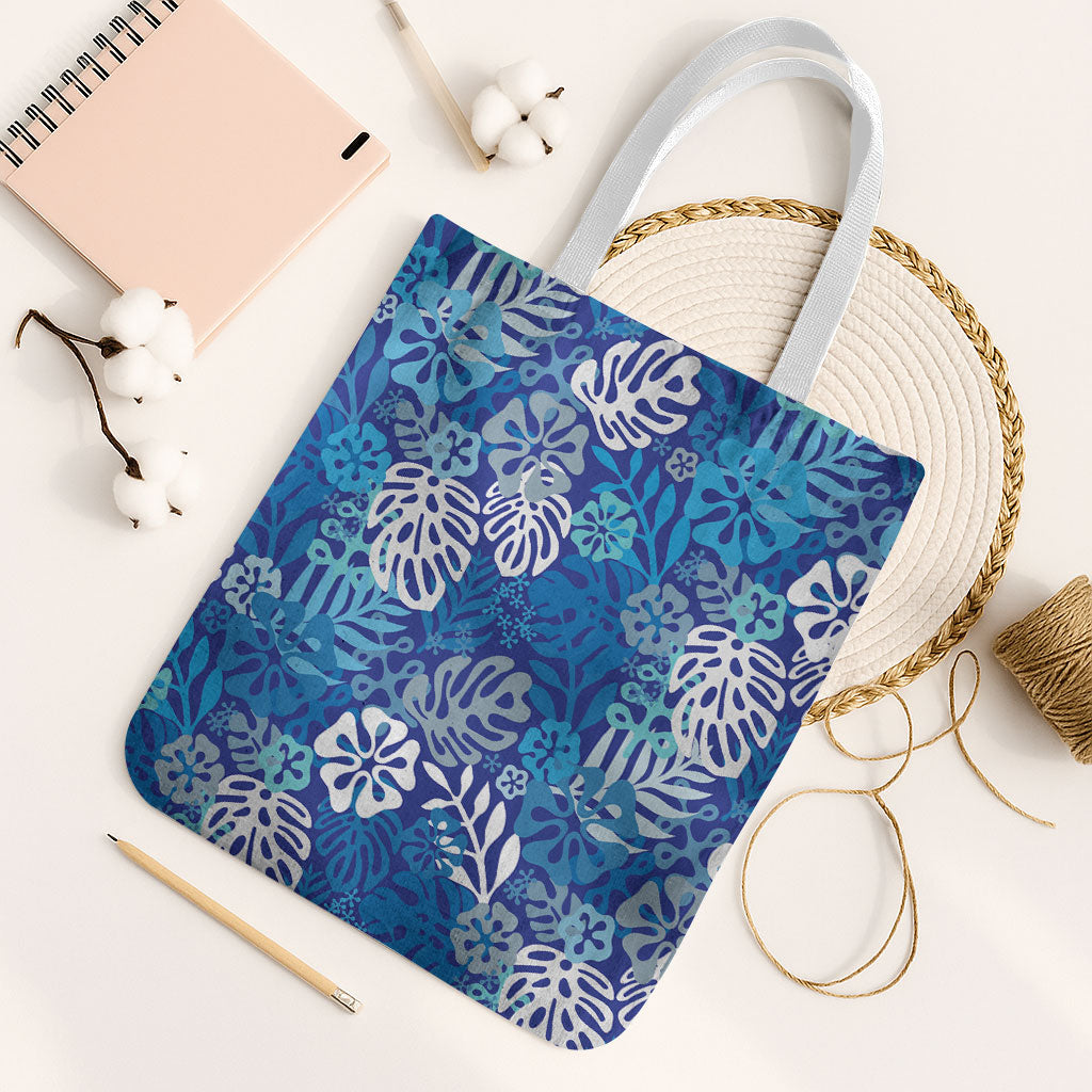 Blue Aloha Hawaiian Tote Bag Monstera Hibiscus Tropical Pattern