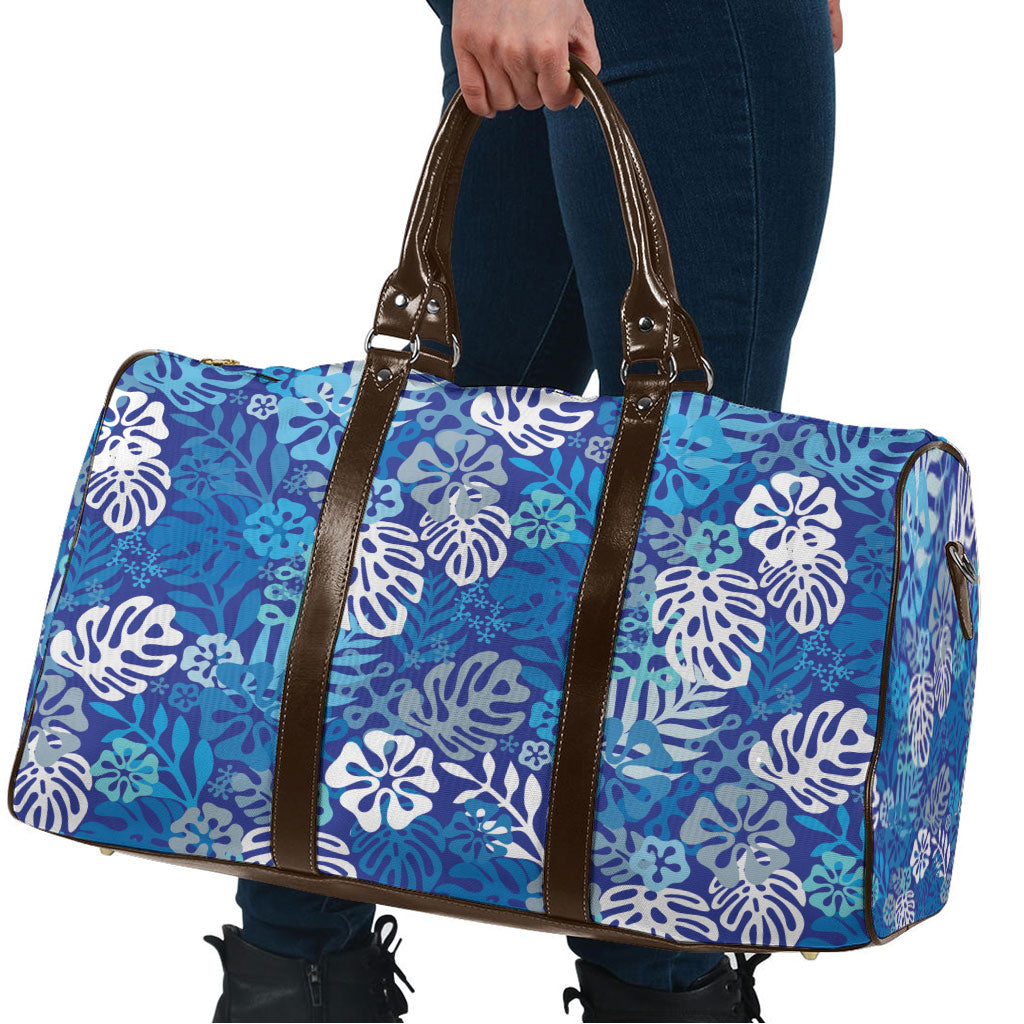 Blue Aloha Hawaiian Travel Bag Monstera Hibiscus Tropical Pattern