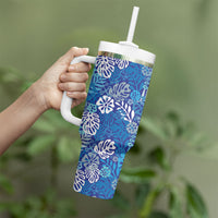 Blue Aloha Hawaiian Tumbler With Handle Monstera Hibiscus Tropical Pattern