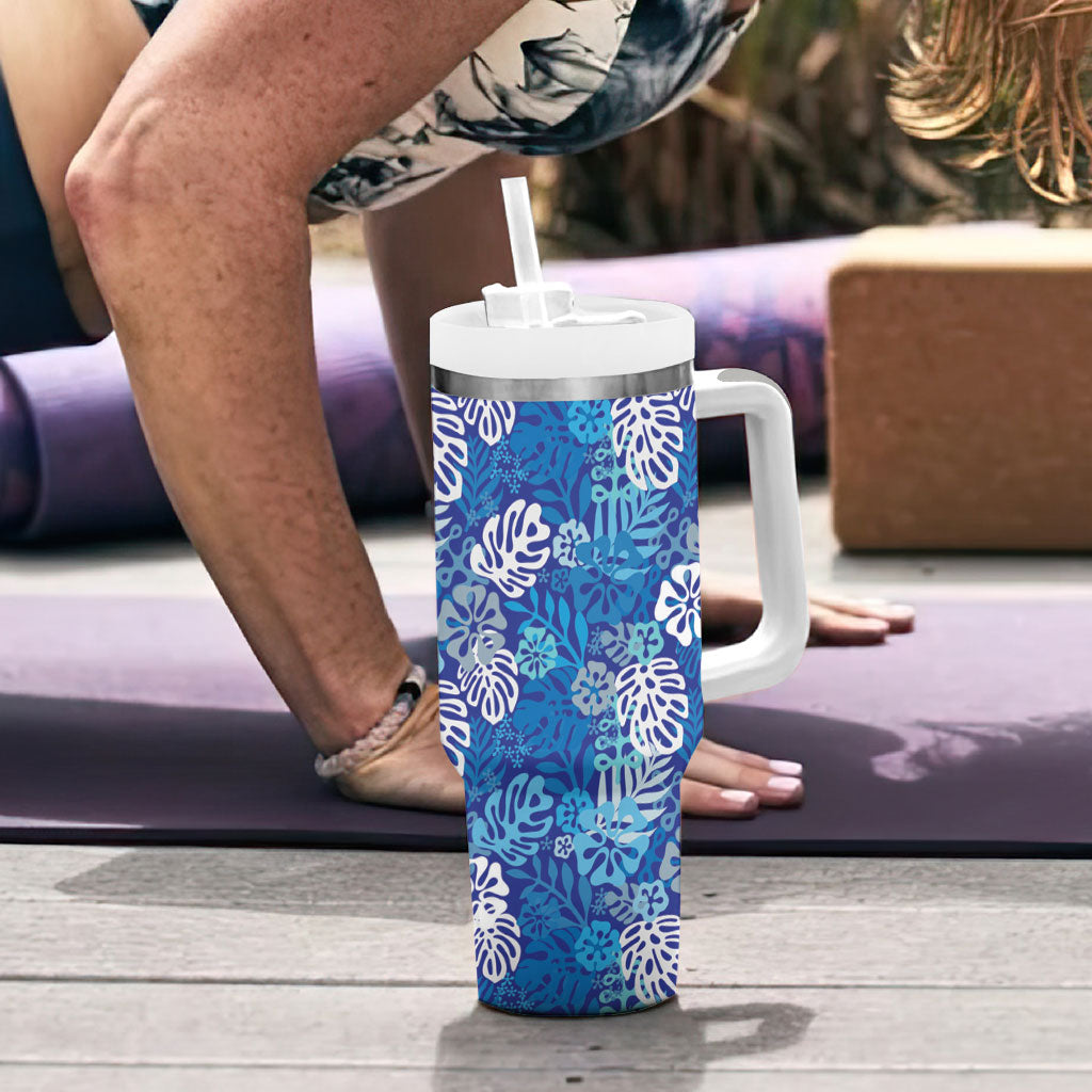 Blue Aloha Hawaiian Tumbler With Handle Monstera Hibiscus Tropical Pattern