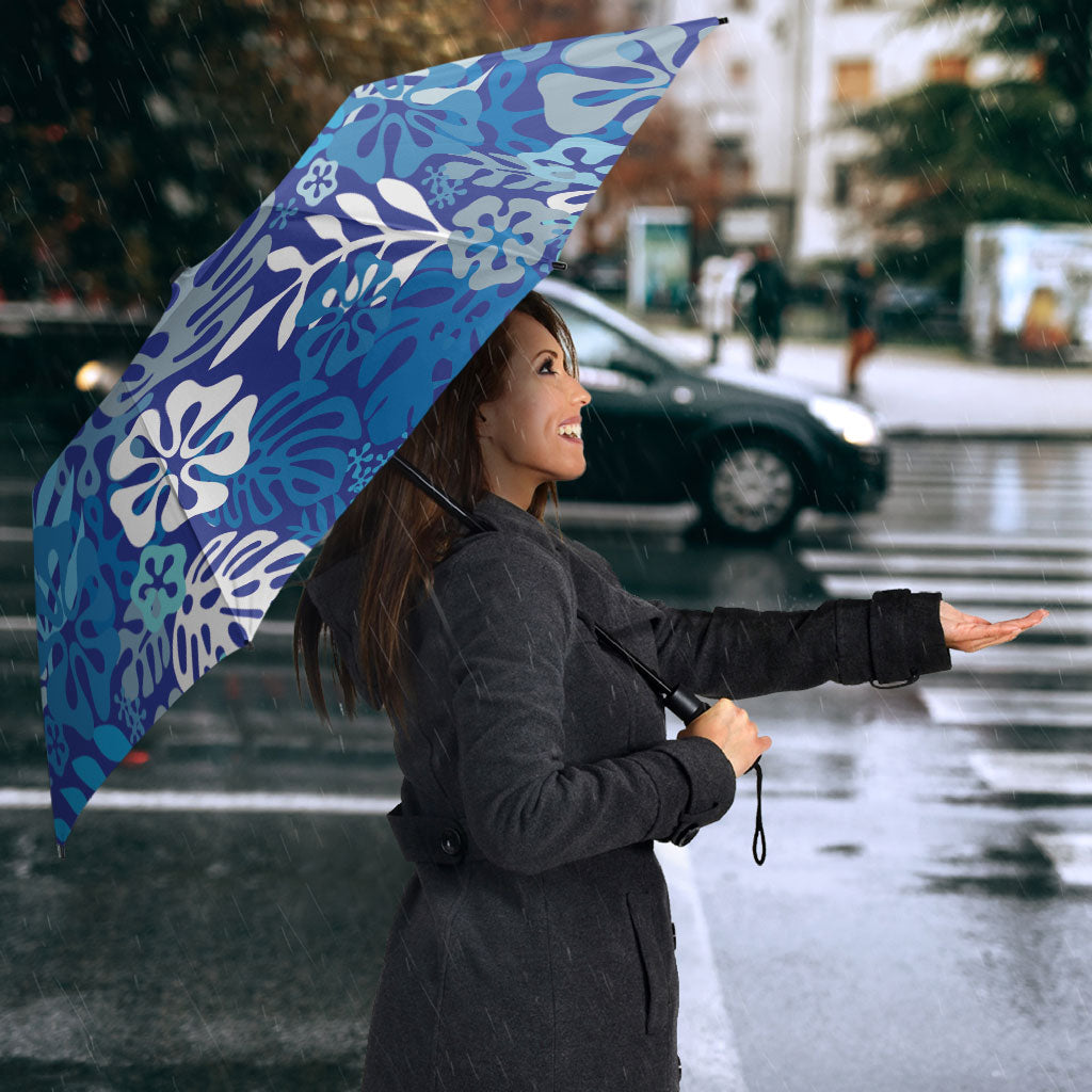 Blue Aloha Hawaiian Umbrella Monstera Hibiscus Tropical Pattern