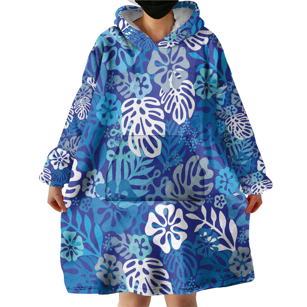 Blue Aloha Hawaiian Wearable Blanket Hoodie Monstera Hibiscus Tropical Pattern