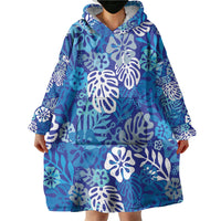Blue Aloha Hawaiian Wearable Blanket Hoodie Monstera Hibiscus Tropical Pattern