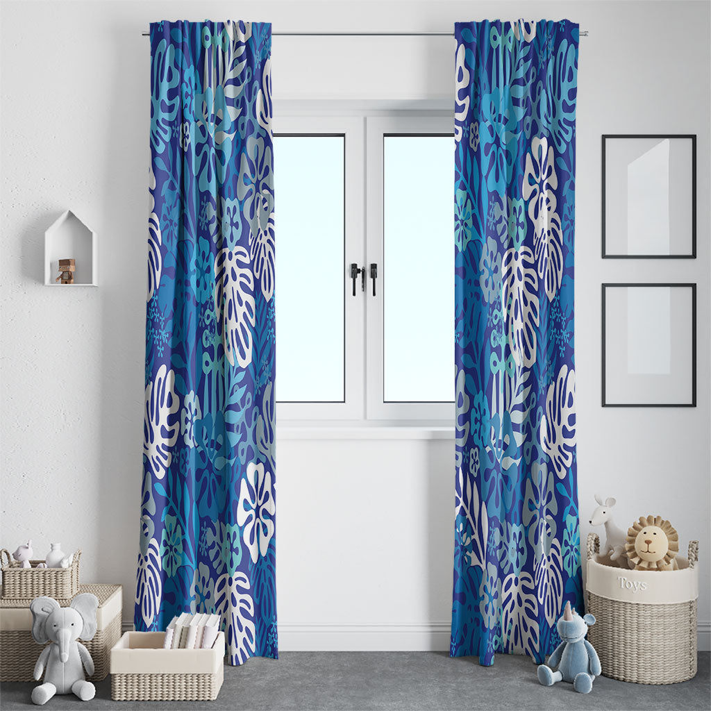 Blue Aloha Hawaiian Window Curtain Monstera Hibiscus Tropical Pattern