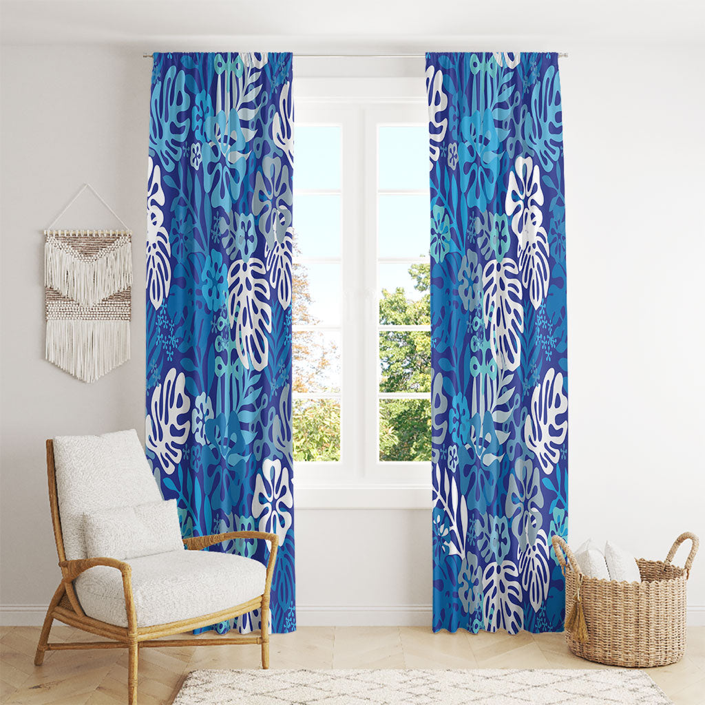 Blue Aloha Hawaiian Window Curtain Monstera Hibiscus Tropical Pattern