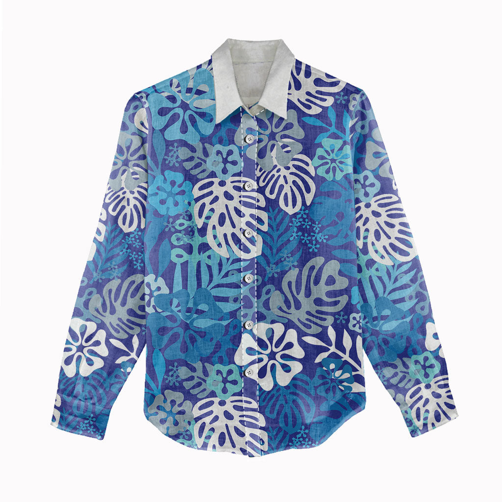 Blue Aloha Hawaiian Women Casual Shirt Monstera Hibiscus Tropical Pattern