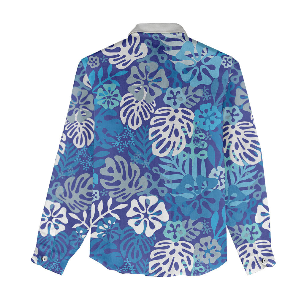 Blue Aloha Hawaiian Women Casual Shirt Monstera Hibiscus Tropical Pattern