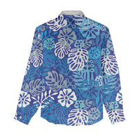 Blue Aloha Hawaiian Women Casual Shirt Monstera Hibiscus Tropical Pattern