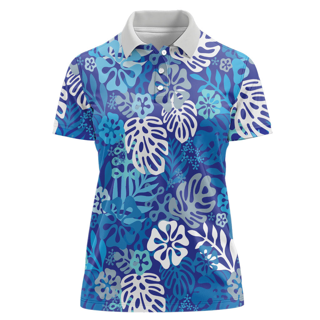 Blue Aloha Hawaiian Women Polo Shirt Monstera Hibiscus Tropical Pattern