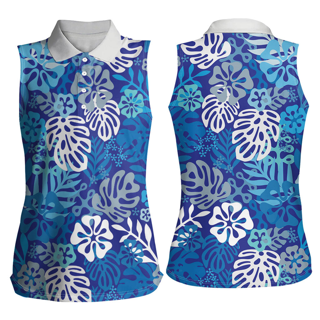 Blue Aloha Hawaiian Women Sleeveless Polo Shirt Monstera Hibiscus Tropical Pattern