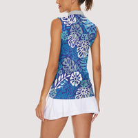 Blue Aloha Hawaiian Women Sleeveless Polo Shirt Monstera Hibiscus Tropical Pattern
