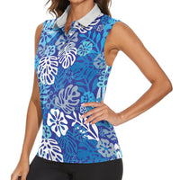 Blue Aloha Hawaiian Women Sleeveless Polo Shirt Monstera Hibiscus Tropical Pattern