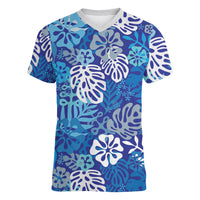 Blue Aloha Hawaiian Women V-Neck T-Shirt Monstera Hibiscus Tropical Pattern