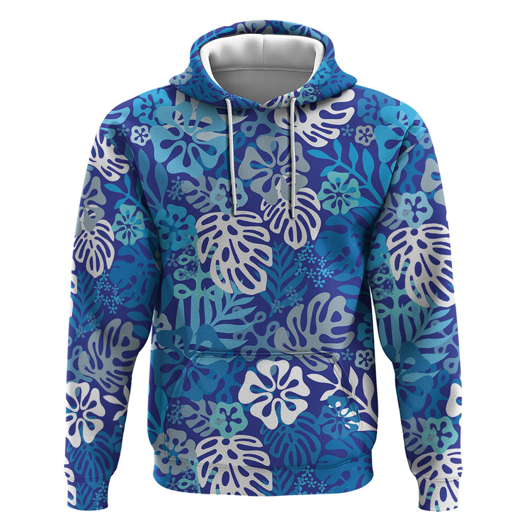 Blue Aloha Hawaiian Zip Hoodie Monstera Hibiscus Tropical Pattern