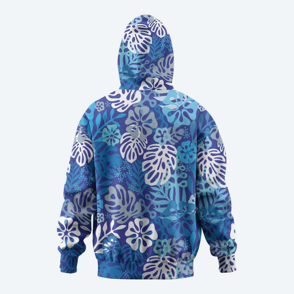 Blue Aloha Hawaiian Zip Hoodie Monstera Hibiscus Tropical Pattern