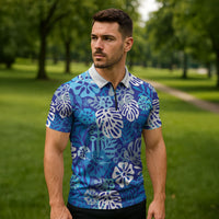 Blue Aloha Hawaiian Zipper Polo Shirt Monstera Hibiscus Tropical Pattern