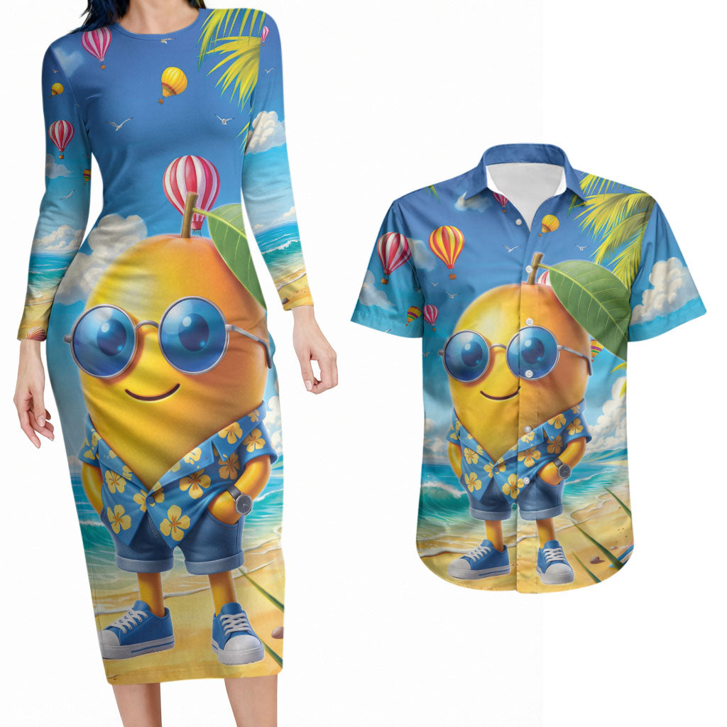 Funny Hawaii Mango Couples Matching Long Sleeve Bodycon Dress and Hawaiian Shirt Tropical Summer Beach Mascot Vacation