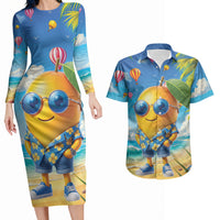 Funny Hawaii Mango Couples Matching Long Sleeve Bodycon Dress and Hawaiian Shirt Tropical Summer Beach Mascot Vacation