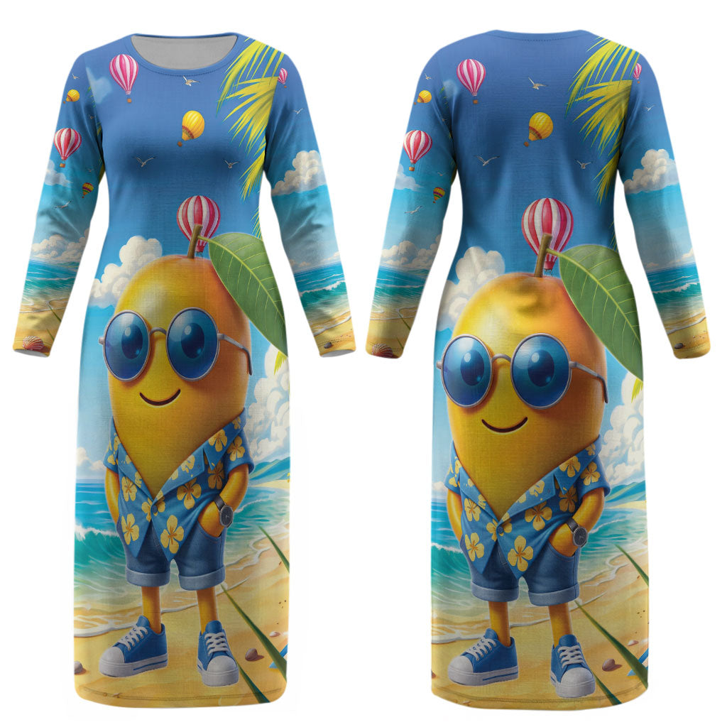 Funny Hawaii Mango Couples Matching Long Sleeve Bodycon Dress and Hawaiian Shirt Tropical Summer Beach Mascot Vacation