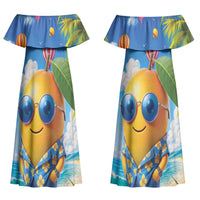 Funny Hawaii Mango Couples Matching Off Shoulder Maxi Dress and Long Sleeve Button Shirt Tropical Summer Beach Mascot Vacation