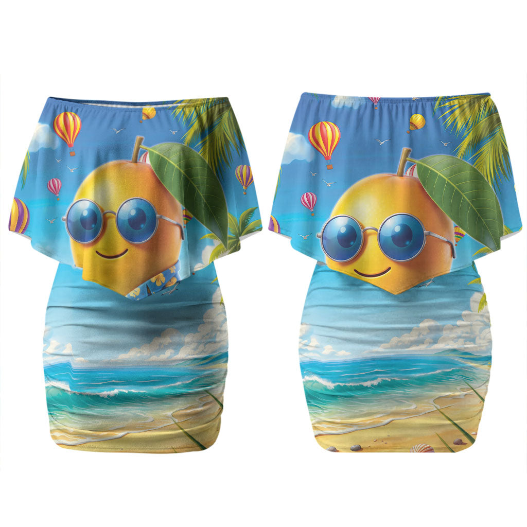 Funny Hawaii Mango Couples Matching Off Shoulder Short Dress and Long Sleeve Button Shirt Tropical Summer Beach Mascot Vacation