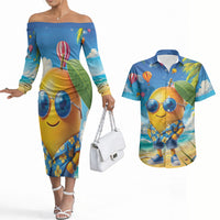 Funny Hawaii Mango Couples Matching Off The Shoulder Long Sleeve Dress and Hawaiian Shirt Tropical Summer Beach Mascot Vacation