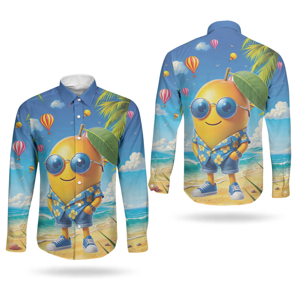 Funny Hawaii Mango Couples Matching Puletasi and Long Sleeve Button Shirt Tropical Summer Beach Mascot Vacation